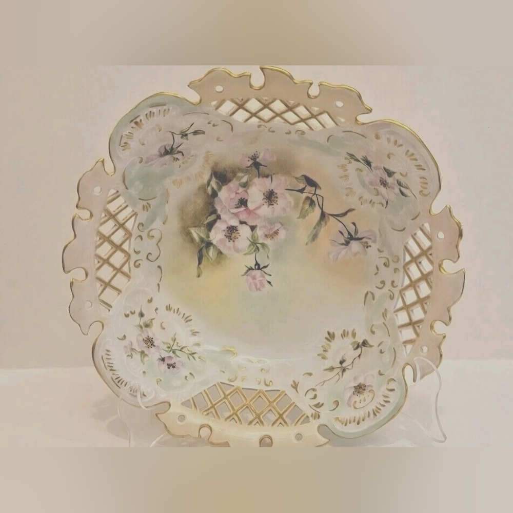 Antique Reticulated 8" Bowl Soft Pastel Colors Flower& Gold Trim Handpainted